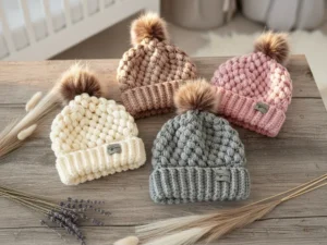 Megztos kepurytės su bumbulu keturių spalvų